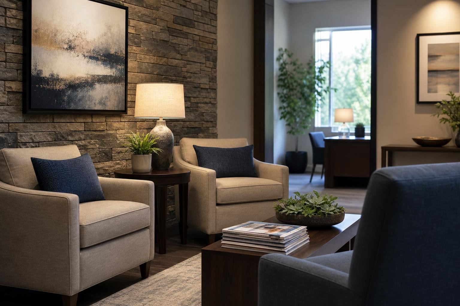 A modern lounge seating area with armchairs, side tables, lamps, and framed wall art.