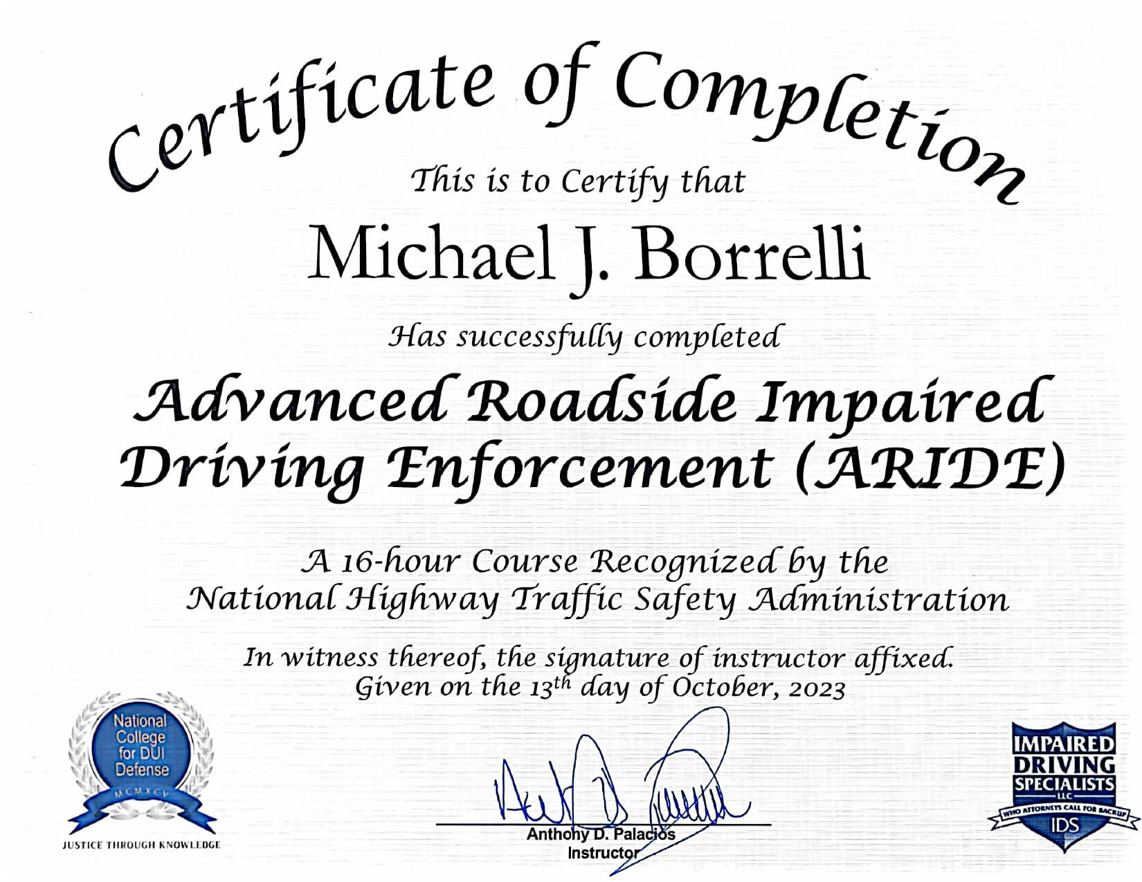 NHTSA Advanced Roadside Impaired Driving Enforcement (ARIDE)