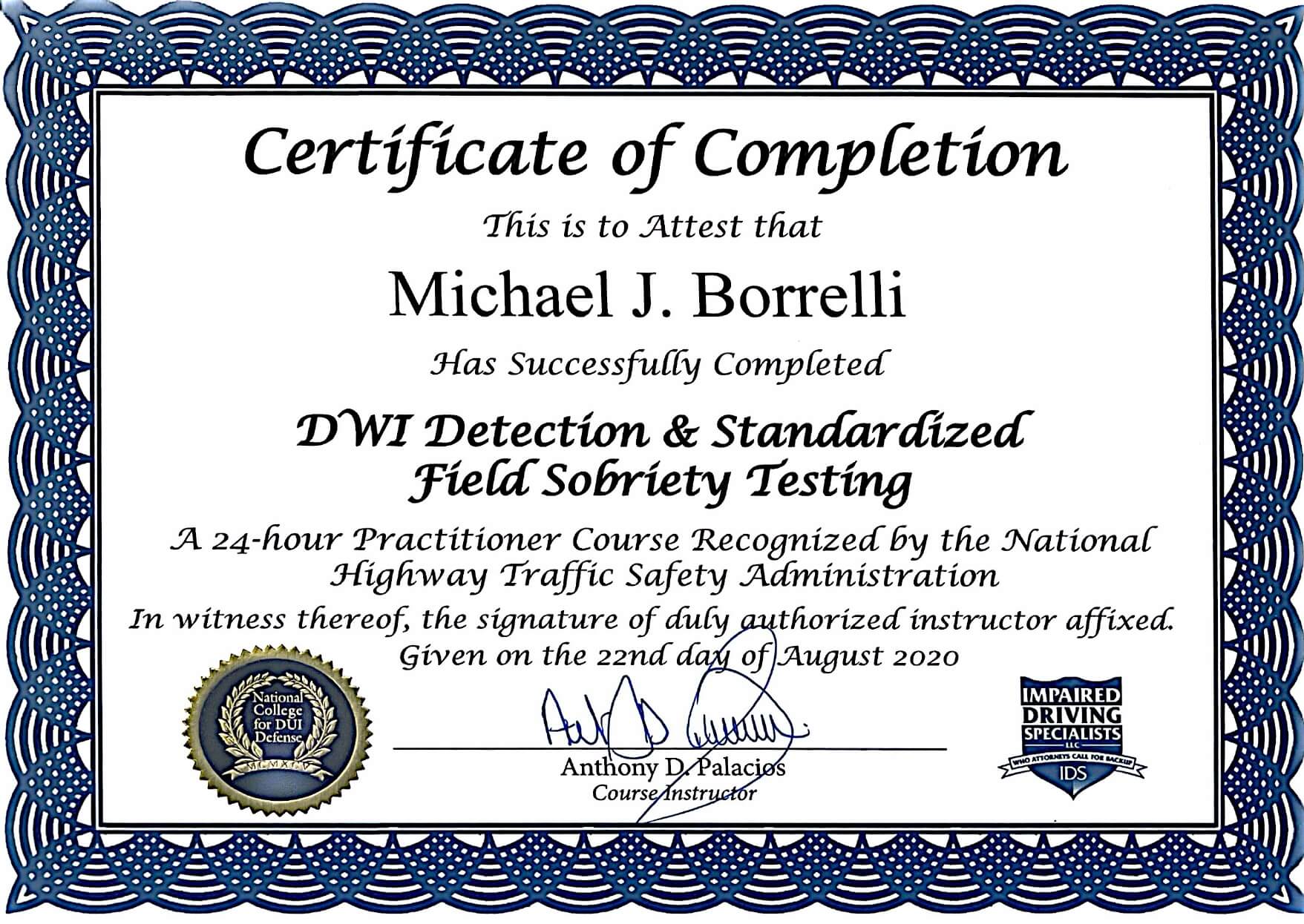 NHTSA DWI Detection & Standardized Field Sobriety Testing